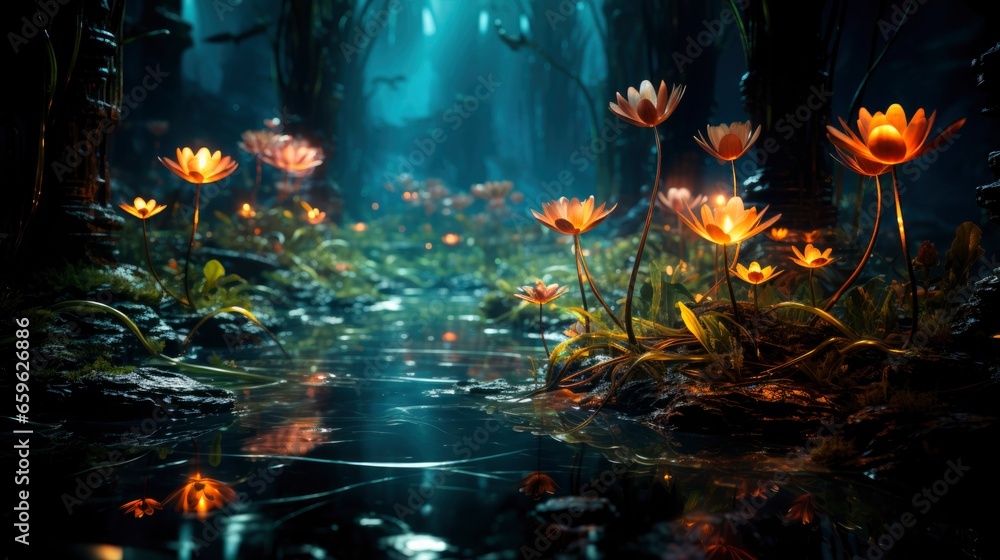 Fototapeta premium Lose yourself in the enchantment of a forest illuminated by glowing mushrooms and colorful blooms.