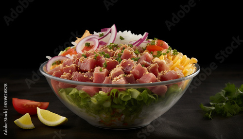 Fresh gourmet salad bowl with healthy vegetables and seafood appetizer generated by AI