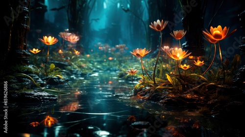 Lose yourself in the enchantment of a forest illuminated by glowing mushrooms and colorful blooms. photo