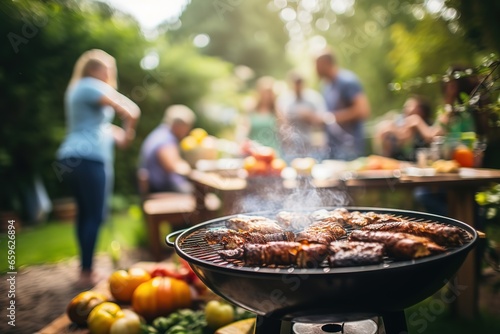 a group of people standing around a grill with food on it