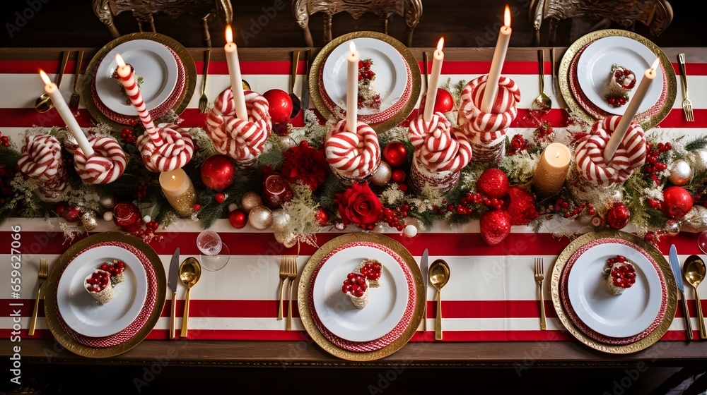 Table decorated with Christmas festive decorations, , party creative image.