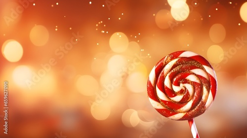 Candy canes with white snow confetti and bokeh. Festive light golden background.
