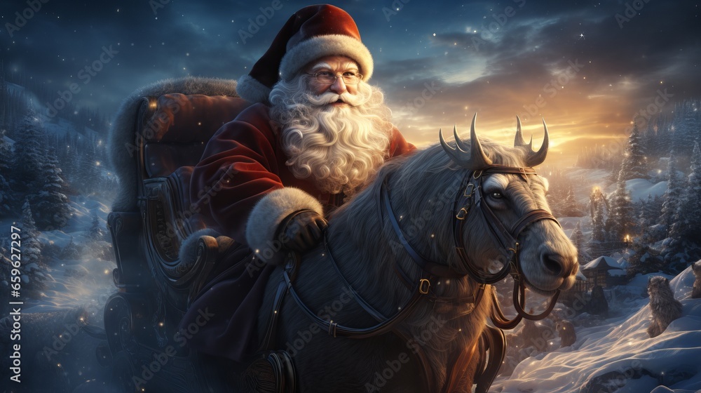 Naklejka premium A man with a white beard, Santa Claus flies across the sky in a sleigh and with reindeer. Festive character symbol of Christmas and New Year. Good-natured active old man.