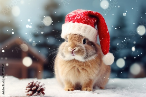Adorable Christmas Bunny on Festive Background with Santa Cap © Serhii