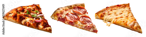 Pizza Slice, BBQ chicken, cheese, pepperoni on transparent background cutout, PNG file. Many assorted different flavour. Mockup template for artwork design