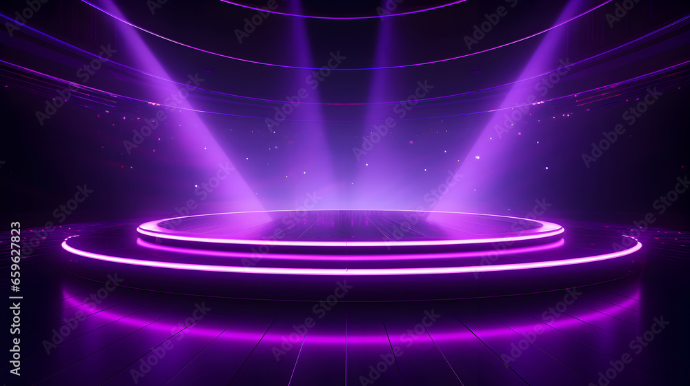 Vibrant Abstract Purple Neon Light Stage with Spotlight in the Dark