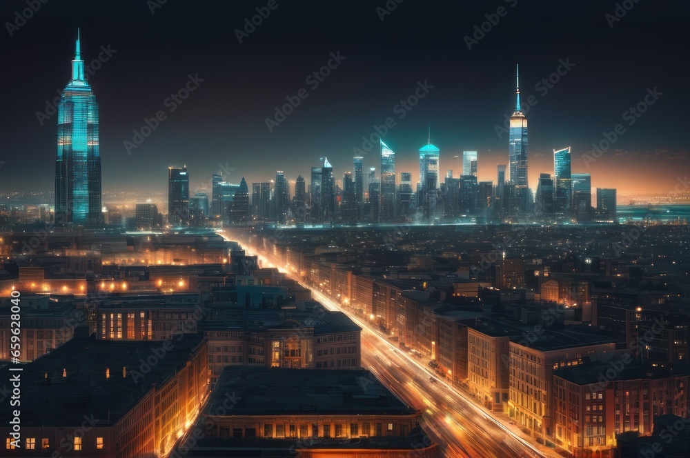 night cityscape skyline view of downtown city