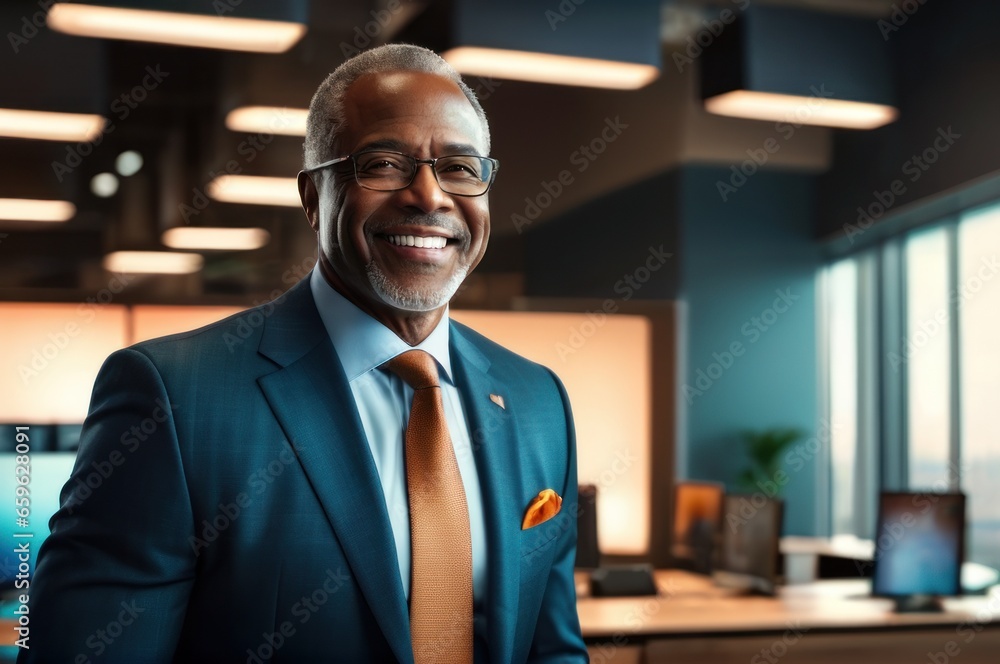 Handsome cheerful african american executive business man at workspace office. 60 year old successful manager