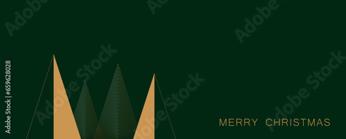 Merry Christmas and Happy New Year web banner illustration of Golden Geometric Christmas Tree Illustration. Modern Luxury Christmas Cards with Happy Holidays, Season's Greetings, Merry Christmas Text.