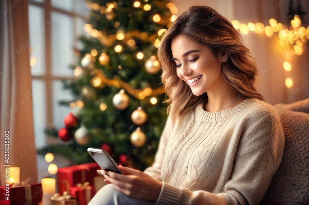 Happy optimistic female sit near Christmas tree use cellphone look in distance making wish. Smiling young female enjoy New Year winter holiday at home, dreaming or visualizing joyful future. Happy optimistic female sit near Christmas tree use cellphone look in distance making wish. Smiling young female enjoy New Year winter holiday at home, dreaming or visualizing joyful future.