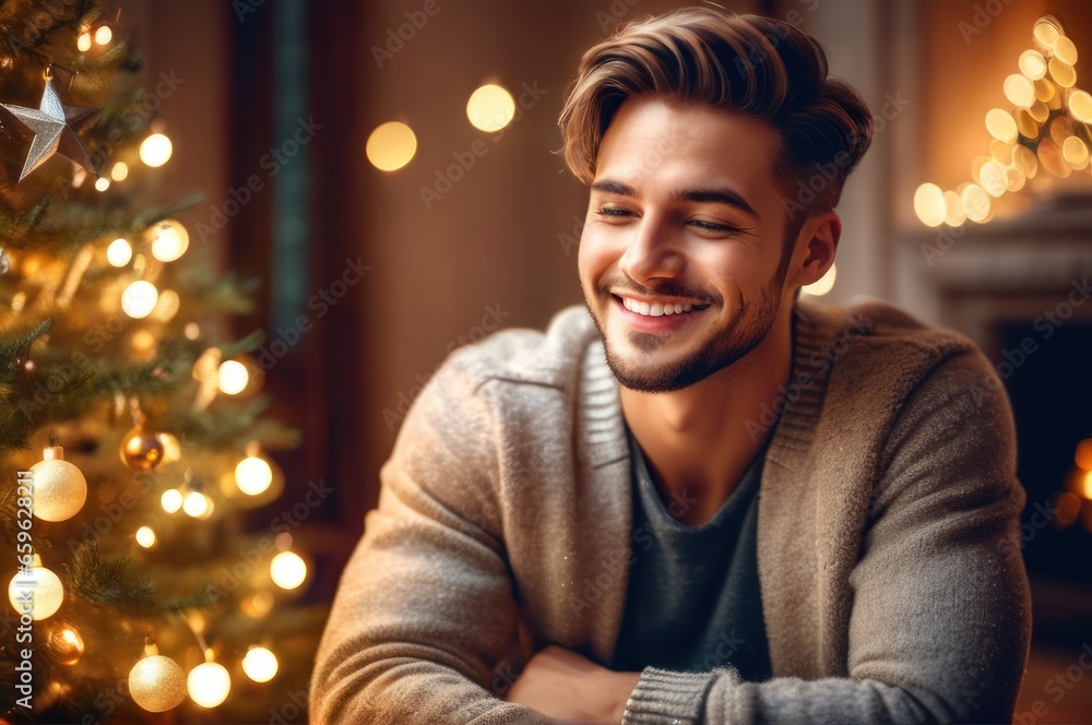 Happy optimistic handsome man sit near Christmas tree look in distance making wish. Smiling male enjoy New Year winter holiday at home, dreaming or visualizing joyful future.