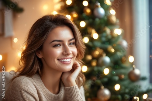 Happy optimistic millennial woman sit near Christmas tree look in distance making wish. Smiling young female enjoy New Year winter holiday at home, dreaming or visualizing joyful future.