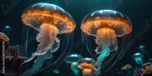 Beautiful Orange luminous jellyfish animal swim motion dancing in darkness of sea, glowing jellyfish with dangerous poison in natural tropical underwater. Deep in blue sea, neon fantasy long strings © useful pictures