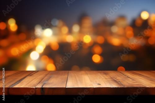 Empty Wooden Table with Blurred Bokeh Lights, City Background. A Stylish Fusion of Night and Day, Empty Table with Copy Space for Product Presentation