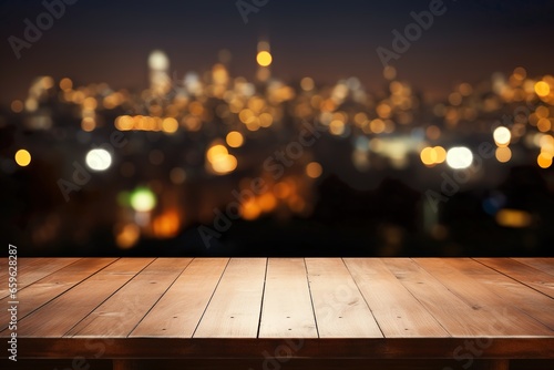 Empty Wooden Table with Blurred Bokeh Lights  City Background. A Stylish Fusion of Night and Day  Empty Table with Copy Space for Product Presentation