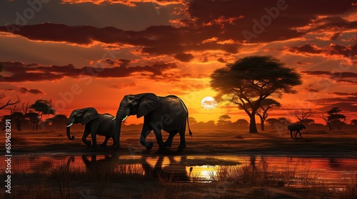 African elephants are walking on the grassland at sunset or sunrise © Daisha