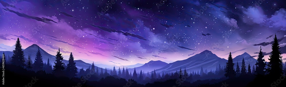 Naklejka premium stars in the sky above a pine forest in purple Generative AI