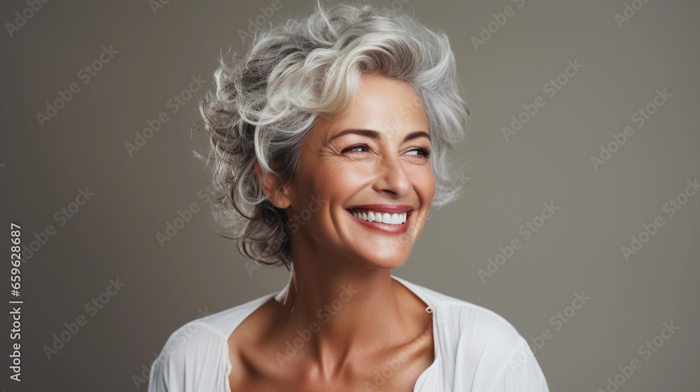 An elderly woman with healthy skin and gray hair smiles. An elderly woman with healthy skin and gray hair smiles.