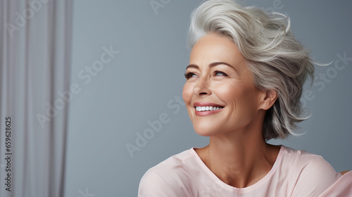 An elderly woman with healthy skin and gray hair smiles. 
