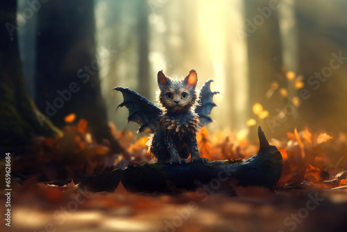 Cute dragoncat, a hybrid of cat and dragon, photorealistic monster mutant on blurred forest background