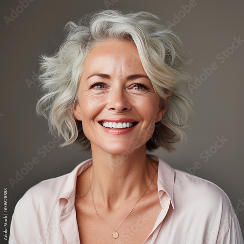 An elderly woman with healthy skin and gray hair smiles. 