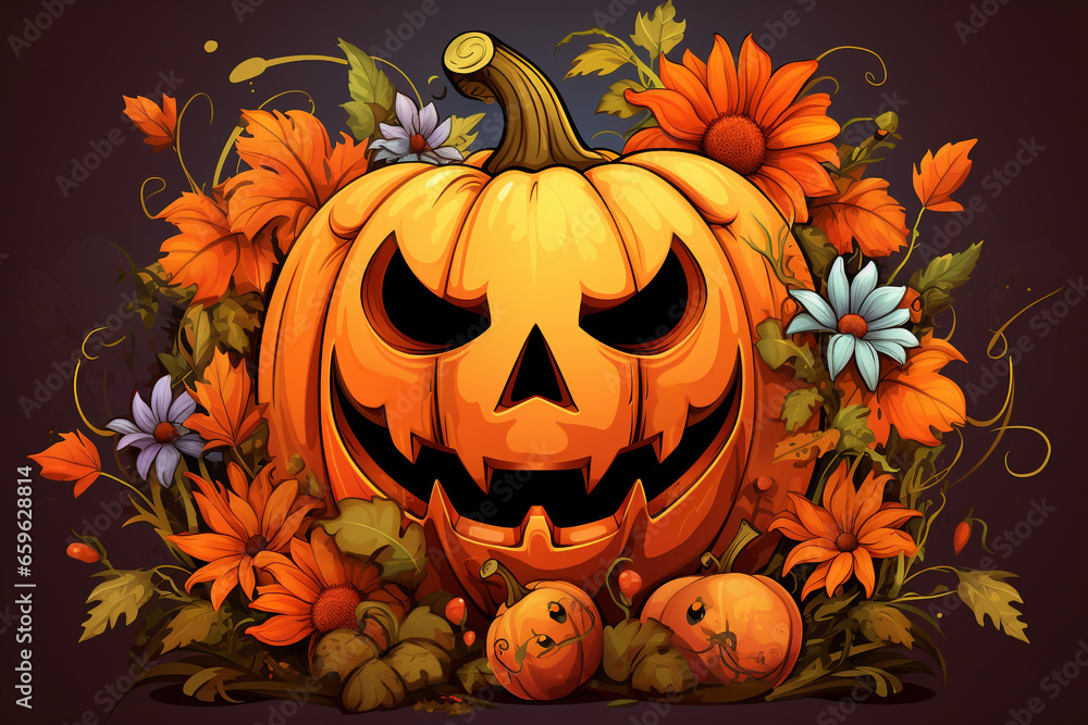 Pumpkin jack-o-lantern with flowers background. Happy Halloween concept Pumpkin jack-o-lantern with flowers background. Happy Halloween concept
