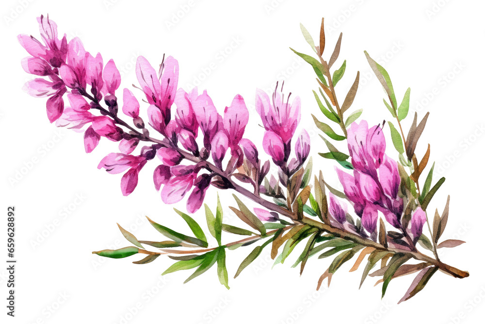 Fototapeta premium Watercolor of Tropical spring floral green leaves and flowers elements isolated on transparent png background, bouquets greeting or wedding card decoration.