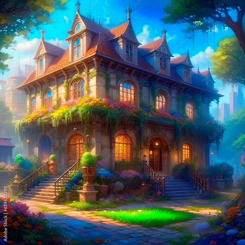  Magic castle in the mist. Digital painting. Fantasy landscape. Illustration.