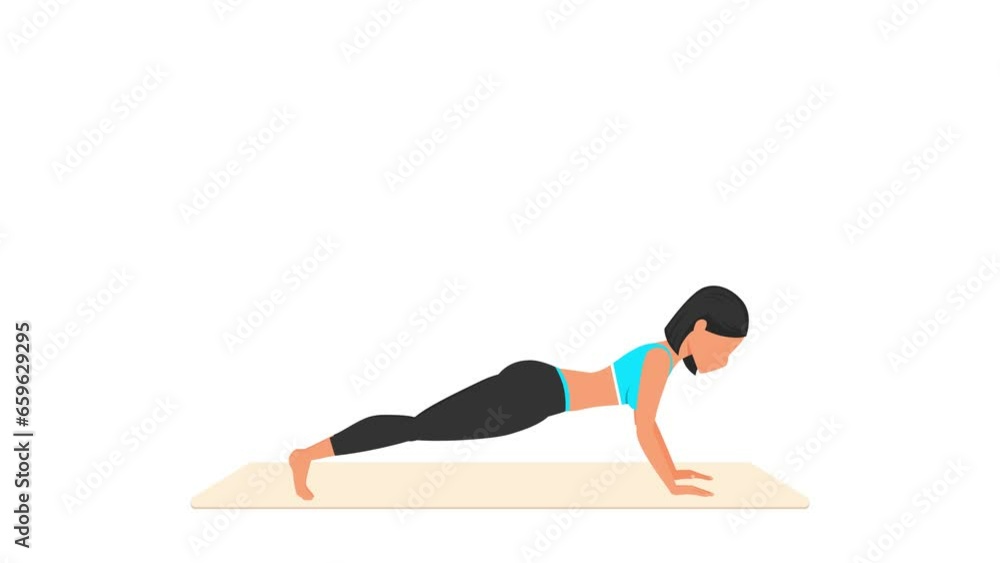 Tiger bend push-ups exercise tutorial. Female workout on mat. Fitness woman exercising. Looped 2D animation with young girl character training. Sport and healthy lifestyle concept. Tiger bend push-ups exercise tutorial. Female workout on mat. Fitness woman exercising. Looped 2D animation with young girl character training. Sport and healthy lifestyle concept.