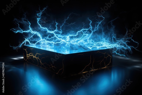 mysterious black stone podium in a cloud of electrical discharges, ai tools generated image