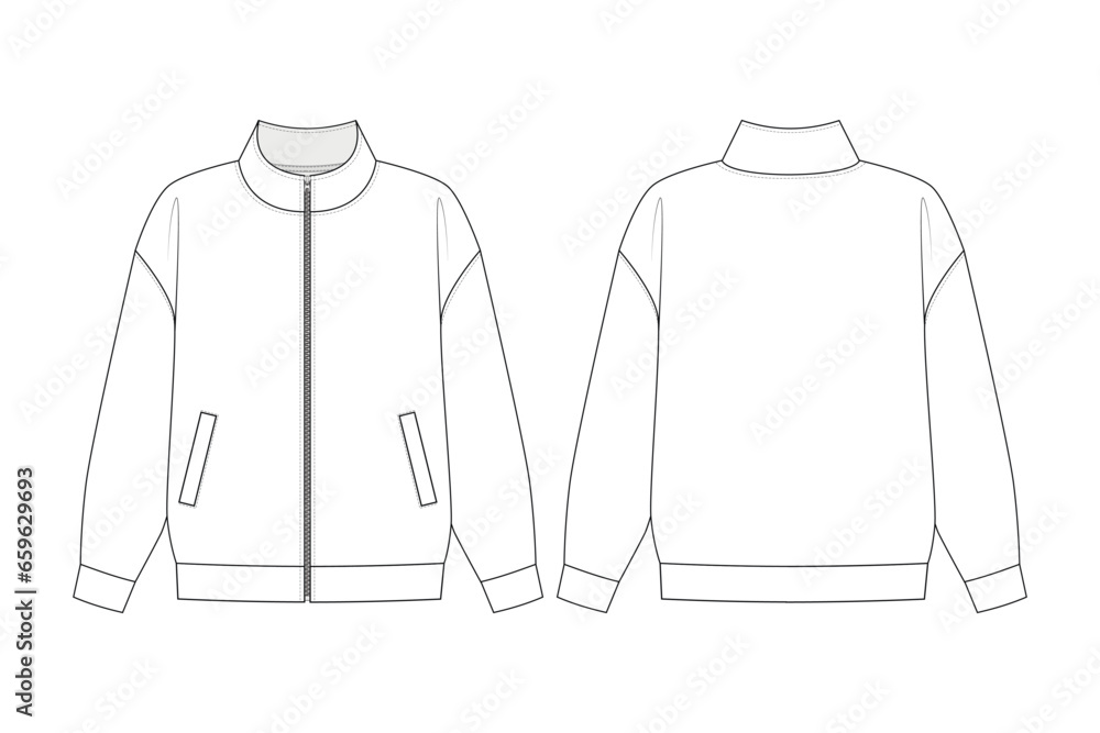 Fashion technical drawing of the zipped sweatshirt with stand collar. Hoodless zip up jacket sketch - obrazy, fototapety, plakaty 