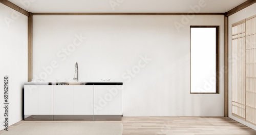 Mockup Muji kitchen room japanese style minimal interior.