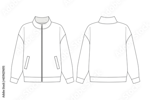 Fashion technical drawing of the zipped sweatshirt with stand collar. Hoodless zip up jacket sketch