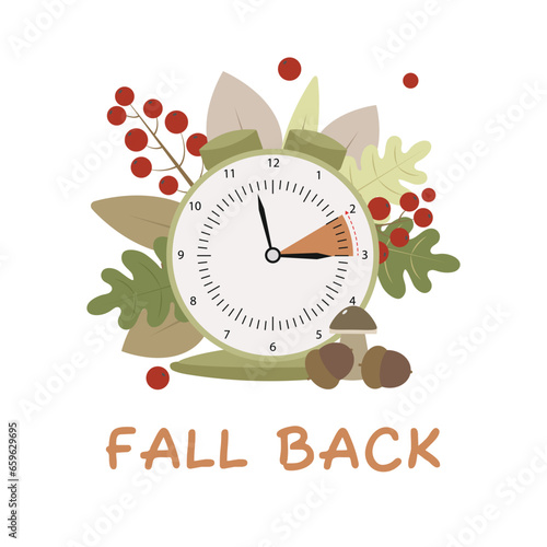 
Сhange clock to one hour back vector illustration. Clocks turning an hour back. Daylight Saving Time ends concept.