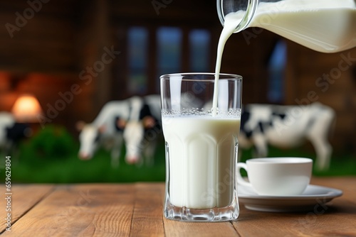 Milk gracefully flows from a bottle into a glass on a wooden table