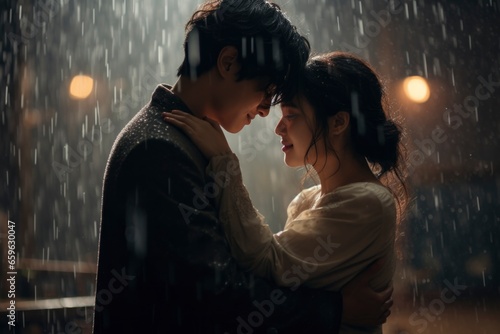 In a cinematic manner, a young Korean guy and girl stand in the rain, their love painted vividly, revealing raw, passionate emotion. Korean dorama photo