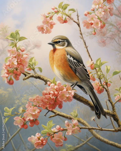 Little crossbill on the branches of a blooming pink apple tree on a greeting card © Evgeniya Fedorova