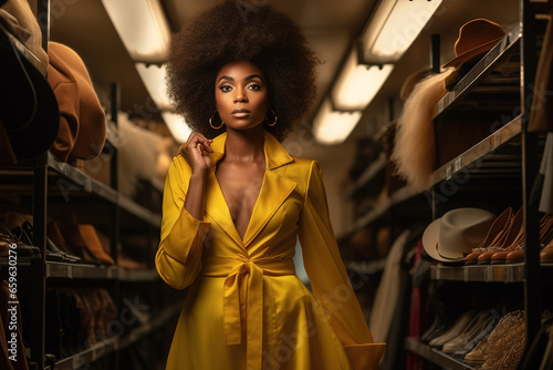 Beautiful afro woman looking at the camera wearing a yellow coat in the middle of a room with shelves on both sides with shoes, clothes and accessories. Warm environment