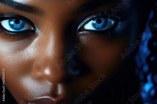 Extreme close up of a African american woman with striking blue eyes and pouty lips. Interplay of light and shadow