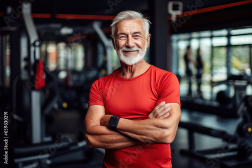 An elderly tightened man in the gym leads a healthy lifestyle
