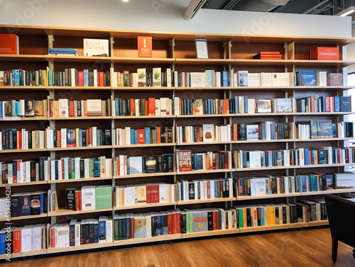 Image: A wall of shelves displaying various books on business and leadership, neatly organized and labeled.