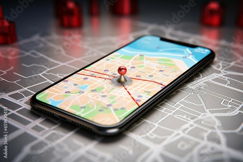 Smartphone displays GPS map app with vibrant red, blue, and yellow markers