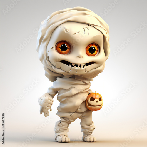 Cute adorable little mummy character and halloween pumpkin on festive background. Halloween party. AI Generated