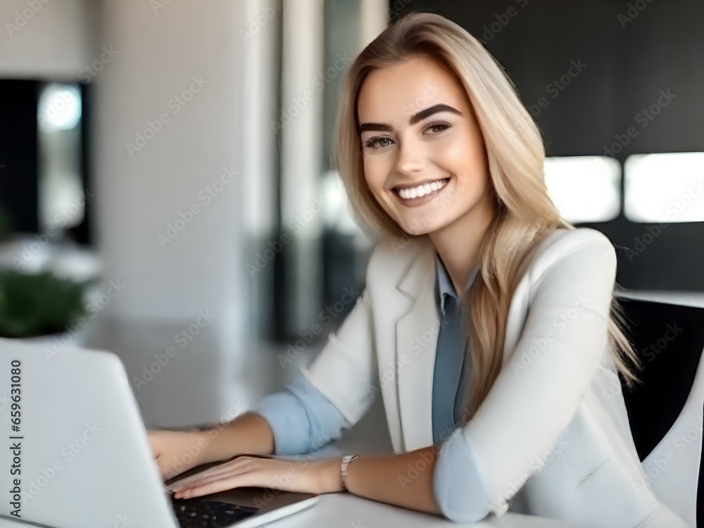 a young smiling beautiful woman is working at a laptop in the office a young smiling beautiful woman is working at a laptop in the office