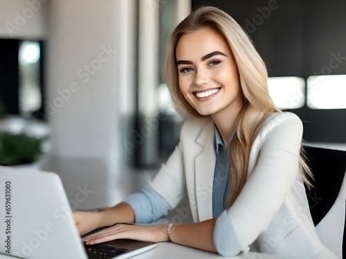 a young smiling beautiful woman is working at a laptop in the office