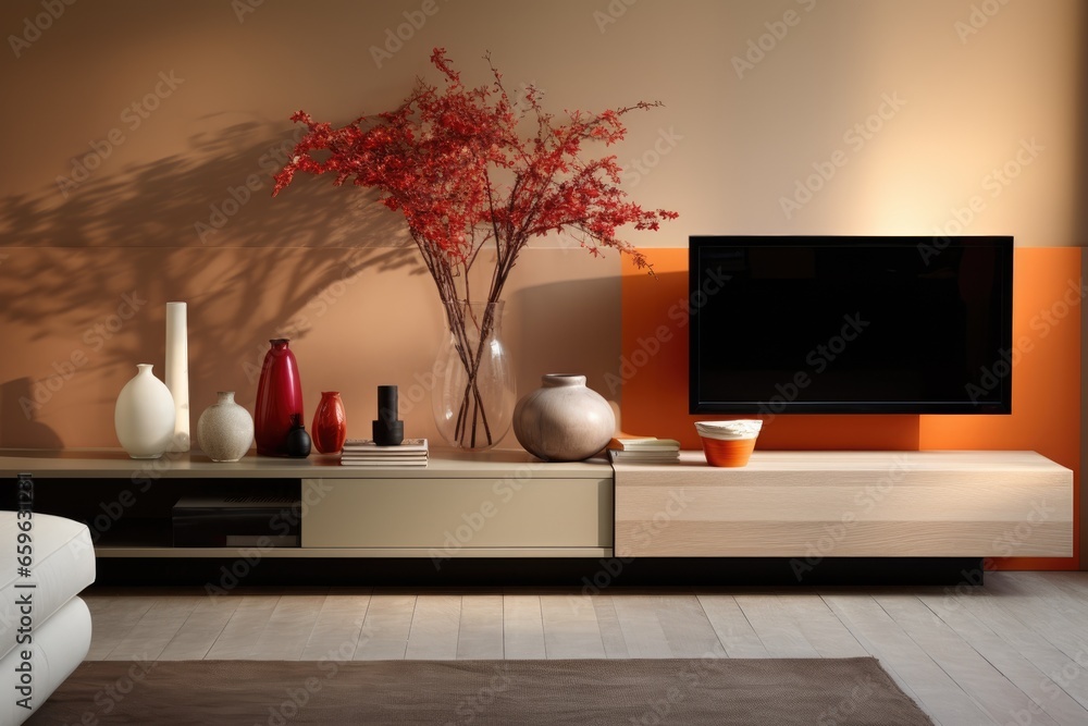 Modern minimalist living room with tv set with design in natural natural colors Modern minimalist living room with tv set with design in natural natural colors