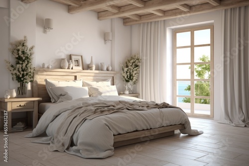 Minimal rural, rustic style bedroom with wooden furniture and organic linen