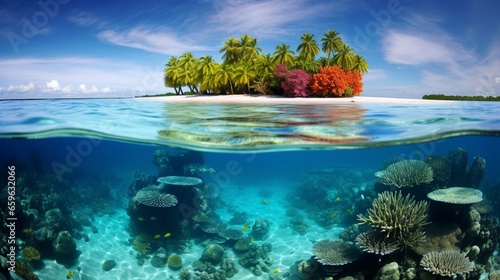 A pristine coral atoll, its turquoise lagoon teeming with marine life.