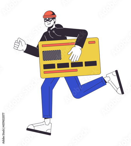 Thief stealing credit card flat line concept vector spot illustration. Credit card fraud. Banking 2D cartoon outline character on white for web UI design. Cybercrime editable isolated color hero image
