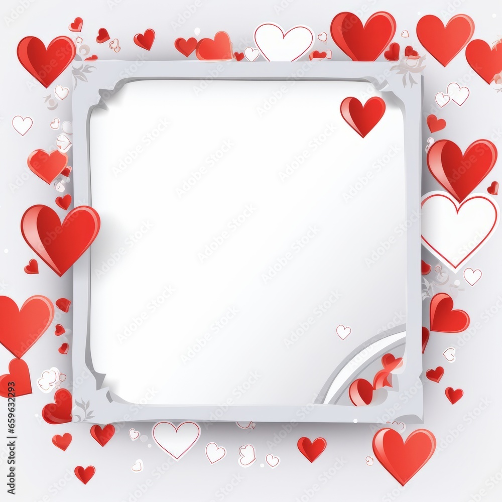White cube frame with red hearts around and copy space. White background. Top view, flat lay. Valentine's Day.